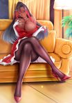  1girl absurdres black_hair blush breasts choker closed_mouth commentary_request couch crossed_legs curtains dark_skin dress elbow_gloves gloves gold gradient_hair high_heels highres indoors kono_subarashii_sekai_ni_shukufuku_wo! kono_subarashii_sekai_ni_shukufuku_wo!:_kurenai_densetsu lamp large_breasts legs long_hair looking_at_viewer multicolored_hair night nose_blush pantyhose plant red_dress red_footwear redhead siki2046 sitting sky smile solo streaked_hair sylvia_(konosuba) white_gloves 