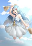  1girl :d angel_wings arm_up bare_shoulders bell bell_earrings bellringer_angel blue_bow blue_eyes blue_hair bow breasts clouds dress earrings full_body hair_between_eyes hair_ornament hairclip halo halterneck highres holding holding_bell inashiso_(nonsugar) jewelry keyring long_hair looking_at_viewer midair open_mouth outdoors shadowverse sky small_breasts smile solo white_dress wings 