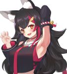  1girl absurdres animal_ear_fluff animal_ears appo_(36786257) arm_up armpits bangs black_hair black_shirt black_sleeves blush claw_pose commentary crop_top detached_sleeves eyebrows_visible_through_hair hair_between_eyes highres hololive long_hair looking_at_viewer multicolored_hair necktie ookami_mio open_mouth red_neckwear redhead shirt sidelocks simple_background solo two-tone_hair virtual_youtuber white_background wolf_ears wolf_girl yellow_eyes 