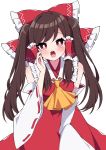  1girl alternate_hairstyle ascot bangs blush bow brown_hair commentary_request detached_sleeves eyebrows_visible_through_hair hair_bow hair_tubes hakurei_reimu highres looking_at_viewer open_mouth red_bow red_eyes simple_background solo touhou tsukimirin twintails white_background yellow_neckwear 