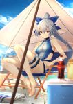  1girl bangs blue_bow blue_swimsuit bow breasts faicha fate/grand_order fate_(series) hair_between_eyes hair_bow highleg highleg_swimsuit large_breasts legs long_hair looking_at_viewer one-piece_swimsuit ponytail red_eyes silver_hair swimsuit thighs tomoe_gozen_(fate/grand_order) tomoe_gozen_(swimsuit_saber)_(fate) two-tone_swimsuit white_swimsuit 
