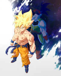 2boys abs absurdres after_battle back-to-back bandana bardock black_hair black_pants blonde_hair blue_footwear blue_sash blue_wristband boots brown_footwear clenched_hands collarbone commentary_request dragon_ball dragon_ball_z father_and_son from_above green_eyes highres injury long_hair looking_at_viewer male_focus medium_hair monkey_tail multiple_boys muscular muscular_male nipples orange_pants pants papita_pochi pectorals red_bandana red_wristband saiyan_armor sash shadow son_goku spiky_hair star_(sky) starry_sky_background super_saiyan super_saiyan_1 tail topless_male torn_clothes torn_pants two-tone_background white_background 