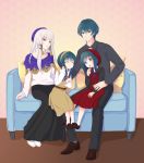  absurdres beret byleth_(fire_emblem) byleth_eisner_(male) child cookie couple dress eating family fire_emblem fire_emblem:_three_houses food hair_ornament hat headband hetero highres if_they_mated long_hair long_sleeves lysithea_von_ordelia sitting smile surprised user_vedz4327 white_hair 