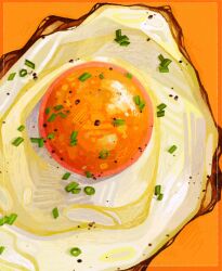  analogous_colors border breakfast close-up commentary egg egg_(food) egg_yolk english_commentary film_grain food food_focus fried_egg hatching_(texture) highres inset_border no_humans orange_background orange_border orange_theme original pepper_(spice) quezify realistic scribble simple_background spring_onion yellow_border 