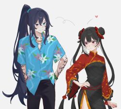  1boy 1girl aqua_eyes black_dress black_hair black_pants blue_eyes blue_shirt closed_mouth cowboy_shot dress gold_trim hand_in_pocket hawaiian_shirt heterochromia highres hong_lu_(project_moon) jacket jewelry jia_xichun_(project_moon) limbus_company long_hair looking_at_another multicolored_hair necklace pants past_desiderium pink_eyes ponytail project_moon red_jacket shirt short_sleeves shrug_(clothing) side_slit simple_background smile streaked_hair tingtang_gang_(identity)_(project_moon) twintails very_long_hair white_background white_hair 