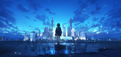  1girl absurdres black_hair black_sailor_collar black_serafuku black_shirt black_skirt blue_sky building china chinese_commentary cityscape clouds english_commentary english_text from_behind highres jinmao_tower lifeline_(a384079959) long_sleeves mixed-language_commentary night oriental_pearl_tower original pleated_skirt reflection sailor_collar scenery school_uniform serafuku shanghai shanghai_tower shanghai_world_financial_center shirt short_hair skirt sky skyline skyscraper standing star_(sky) tower 