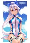  1girl absurdres artist_name bare_shoulders blue_bow blue_sky blue_swimsuit border bow breasts clouds collarbone competition_swimsuit fate/grand_order fate_(series) hair_between_eyes hair_bow head_tilt highleg highleg_swimsuit highres long_hair looking_at_viewer medium_breasts one-piece_swimsuit rachel_bouvier red_eyes silver_hair sky smile solo swimsuit thigh_strap tomoe_gozen_(fate/grand_order) tomoe_gozen_(swimsuit_saber)_(fate) two-tone_swimsuit very_long_hair white_border white_swimsuit 