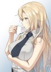  1girl belt_buckle black_neckwear blonde_hair breasts buckle coffee cup drinking highres hornet_(kantai_collection) kantai_collection large_breasts long_hair mug necktie negahami shirt sleeveless solo 