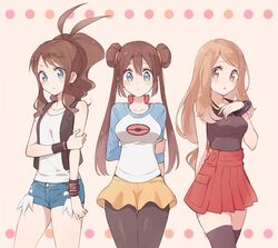  3girls antenna_hair arm_behind_back black_legwear blue_eyes blush bow brown_hair denim denim_shorts double_bun grey_eyes high_ponytail hilda_(pokemon) light_brown_hair long_hair looking_at_viewer multiple_girls pantyhose parted_lips pink_bow pleated_skirt pokemon pokemon_(game) pokemon_bw pokemon_bw2 pokemon_xy raglan_sleeves red_skirt rosa_(pokemon) serena_(pokemon) shorts sidelocks skirt thigh-highs twintails wristband yairo_(sik_s4) yellow_shorts 