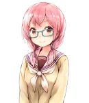  1girl black_eyes blue-framed_eyewear breasts glasses kaede_do long_sleeves looking_at_viewer original pink_hair school_uniform serafuku short_twintails simple_background small_breasts solo twintails upper_body white_background 