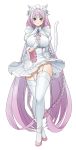  1girl absurdres animal_ears bangs bigfall blue_eyes blush braid breasts cat_ears cat_girl cat_tail cs_perrault dress eyebrows_visible_through_hair full_body garter_straps gloves heterochromia highres large_breasts last_origin light_purple_hair maid_headdress open_mouth pleated_dress simple_background solo tail thigh-highs twin_braids white_background white_dress white_gloves white_legwear wide_sleeves yellow_eyes 