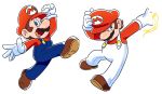  alternate_costume blue_eyes blue_overalls boots brown_hair clenched_hand drawloverlala gloves hand_on_headwear hand_up jumping looking_at_viewer mario super_mario_bros. nintendo overalls red_shirt shirt simple_background super_mario_bros. white_background white_gloves white_overalls 