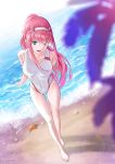  1girl 2018 :d arms_behind_back artist_name barefoot beach blurry_foreground breasts ciphotis collarbone competition_swimsuit covered_navel darling_in_the_franxx floating_hair full_body green_eyes hairband highres horns leaning_forward lens_flare long_hair medium_breasts ocean one-piece_swimsuit open_mouth pink_hair ponytail shiny shiny_hair shore smile solo standing swimsuit very_long_hair white_hairband white_swimsuit zero_two_(darling_in_the_franxx) 
