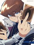  1boy bangs black_shirt blue_eyes brown_hair card card_pendant coat dated enotou_(enotou_moi) hair_between_eyes holding jewelry kaiba_seto male_focus pendant shirt simple_background smile solo upper_body white_background yuu-gi-ou 