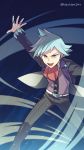 1boy aqua_hair artist_name bangs belt black_pants commentary_request highres jewelry lobolobo2010 long_sleeves male_focus open_mouth outstretched_arms pants pokemon pokemon_(game) pokemon_oras ring shirt solo spiky_hair steven_stone teeth tongue v-shaped_eyebrows vest white_shirt 