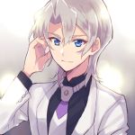  1boy bangs bishounen black_shirt blue_eyes closed_mouth edo_phoenix eyebrows_visible_through_hair hair_between_eyes hair_tubes jacket long_sleeves male_focus mikami_(mkm0v0) necktie shiny shiny_hair shirt short_hair silver_hair smile solo white_background white_jacket white_neckwear yuu-gi-ou yuu-gi-ou_gx 