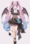  1girl :d absurdres animal_ear_fluff animal_ears black_bow black_footwear black_gloves black_shirt black_skirt blue_eyes blue_flower blue_hair blue_rose blush bow breasts brown_wings chain chibi claw_pose commentary_request curled_horns demon_girl demon_horns demon_tail demon_wings ear_piercing earrings fang flower frilled_skirt frills full_body gloves gradient_hair grey_background hand_up heart heart_earrings heterochromia highres horns iriam jewelry long_hair multicolored_hair official_art open_mouth piercing pink_hair plaid plaid_skirt pleated_skirt puffy_short_sleeves puffy_sleeves red_eyes rose sakuma_miku sapphire_(sapphire25252) shirt shoes short_sleeves sidelocks simple_background skirt small_breasts smile standing stud_earrings tail twintails unmoving_pattern very_long_hair virtual_youtuber wings 