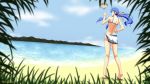  1girl alternate_costume alternate_hairstyle ass back bare_legs bare_shoulders beach bead_bracelet beads bikini blue_bikini blue_hair bracelet breasts clouds day english_commentary floating floating_object floating_rock food from_behind fruit full_body hair_ribbon hand_on_hip highres hinanawi_tenshi horizon island jewelry keystone kneepits looking_at_viewer looking_back mountainous_horizon no_hat no_headwear ocean older outdoors peach ponytail rainbow_bracelet rakkidei red_eyes red_ribbon ribbon sarong short_hair_with_long_locks sky slippers small_breasts solo standing summer swimsuit touhou twitter_username water watermark 