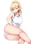  1girl arm_support ass blonde_hair breasts green_eyes highres large_breasts looking_at_viewer lying masaki_nanaya on_side original pointy_ears ponytail smile solo swimsuit thighs white_background 