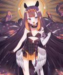  1girl bangs black_dress blunt_bangs dress gloves halo highres himetochan hololive hololive_english holomyth looking_at_viewer ninomae_ina&#039;nis pointy_ears purple_hair smile solo strapless strapless_dress tentacle_hair tentacles thigh-highs virtual_youtuber wings 