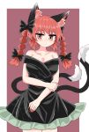  1girl alternate_costume animal_ears bangs black_bow black_dress black_tail bow braid breasts cat_ears cat_tail chups closed_mouth dress extra_ears eyebrows_visible_through_hair fingernails frilled_dress frills hair_bow highres holding_own_arm kaenbyou_rin long_fingernails looking_at_viewer medium_hair multiple_tails off-shoulder_dress off_shoulder red_eyes red_nails redhead simple_background solo tail touhou twin_braids two_tails 