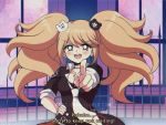  1990s_(style) 1girl :d artist_name bangs big_hair black_shirt blue_eyes breasts buttons choker collarbone collared_shirt commentary_request cosplay criis-chan dangan_ronpa disconnected_mouth emblem english_text enoshima_junko enoshima_junko_(cosplay) eyebrows_visible_through_hair fence film_grain gunma_prefectural_shibuya_high_school_(emblem) gunma_prefectural_shibuya_high_school_uniform hair_ornament hand_on_hip indoors mosaic necktie new_dangan_ronpa_v3 oldschool open_mouth parody pointing pointing_at_viewer red_nails school_emblem school_uniform shirogane_tsumugi shirt sidelocks sleeves_rolled_up smile solo spoilers stained_glass style_parody subtitled swept_bangs tumblr_username twintails upper_body upper_teeth v-shaped_eyebrows vhs_artifacts watermark web_address window 