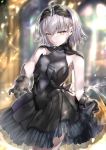  1girl absurdres ahoge bangs black_dress black_gloves blurry blurry_background breasts cowboy_shot dress eyebrows_visible_through_hair fate/grand_order fate_(series) gloves hane_yuki headpiece highres huge_filesize jeanne_d&#039;arc_(alter)_(fate) jeanne_d&#039;arc_(fate)_(all) large_breasts looking_at_viewer outstretched_arm short_hair silver_hair skirt_hold solo yellow_eyes 