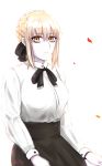  1girl absurdres artoria_pendragon_(all) black_skirt blonde_hair collar fate/grand_order fate/stay_night fate_(series) highres looking_at_viewer nickfluff pale_skin petals ribbon saber_alter shirt skirt white_background white_shirt yellow_eyes 