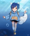  1boy :d air_bubble black_shorts blue_footwear blue_hoodie blue_theme brown_eyes bubble character_request child english_commentary full_body gen_1_pokemon head_wings highres long_sleeves male_focus open_mouth outstretched_arms personification pokemon pokemon_(creature) shoes shorts smile socks solo_focus submerged tail thebrushking underwater wartortle 