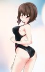  1girl abimaru_gup ass backless_swimsuit bangs black_swimsuit breasts brown_eyes brown_hair closed_mouth commentary competition_swimsuit cowboy_shot eyebrows_visible_through_hair from_behind girls_und_panzer highres looking_at_viewer looking_back medium_breasts nishizumi_maho one-piece_swimsuit short_hair smile solo standing swimsuit twitter_username 