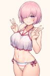  1girl absurdres bangs bare_shoulders bikini blush breasts closed_mouth collarbone double_v fate/grand_order fate_(series) hair_over_one_eye highres jp06 large_breasts light_purple_hair looking_at_viewer mash_kyrielight navel rainbow_bikini sheer_clothes short_hair simple_background smile striped striped_bikini swimsuit swimsuit_of_perpetual_summer_ver.02 thighs v violet_eyes white_background 