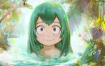  1girl asui_tsuyu black_eyes boku_no_hero_academia closed_mouth dark_green_hair forest green_hair light_particles lights nature partially_submerged plant solo water wet wet_hair youtube yugen99 