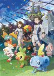  1boy 1girl alcremie bangs brown_eyes brown_hair clenched_hand clouds collared_shirt confetti day drednaw galarian_form galarian_weezing gen_8_pokemon gloves gossifleur grass grookey holding holding_poke_ball number official_art poke_ball pokemon pokemon_(creature) pokemon_(game) pokemon_swsh rolycoly scorbunny shiny shiny_hair shirt shorts single_glove sky sobble socks stadium standing starter_pokemon_trio swept_bangs 