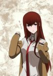 1girl absurdres bangs blue_eyes blush brown_coat clothes_down coat hair_between_eyes highres long_hair long_sleeves looking_at_viewer makise_kurisu necktie open_clothes open_coat open_mouth red_neckwear redhead shiny shiny_hair shirt sleeves_past_wrists solo steins;gate straight_hair tayutau0a0 upper_body very_long_hair white_shirt 