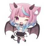  1girl ;d absurdres animal_ear_fluff animal_ears bangs black_footwear black_skirt blue_bow blue_hair blue_jacket bow brown_wings chibi collared_shirt demon_girl demon_horns demon_tail demon_wings dress_shirt ear_piercing earrings eyebrows_visible_through_hair fang frilled_skirt frills full_body gradient_hair grey_legwear heart_ring highres horns iriam jacket jewelry long_sleeves midriff multicolored_hair navel official_art one_eye_closed open_clothes open_jacket open_mouth piercing pink_hair sakuma_miku sapphire_(sapphire25252) shirt shoes simple_background skirt sleeves_past_wrists smile solo standing standing_on_one_leg stud_earrings tail thigh-highs thigh_strap violet_eyes virtual_youtuber white_background white_bow white_shirt wings 