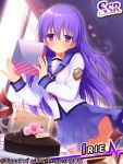 1girl angel_beats! artist_request ass bangs blush breasts closed_mouth commentary_request gift hair_between_eyes heart holding holding_gift irie_(angel_beats!) long_sleeves looking_at_viewer official_art pleated_skirt purple_hair school_uniform shinda_sekai_sensen_uniform skirt solo violet_eyes window 