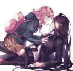  1boy 1girl ahoge backpack bag bangs black_hair black_jacket black_legwear black_neckwear brown_skirt cat_bag commentary_request dangan_ronpa eye_contact eyebrows_visible_through_hair from_side girl_on_top highres jacket kamukura_izuru long_hair long_sleeves looking_at_another lovely_ummm medium_hair nanami_chiaki necktie on_person parted_lips pink_eyes pink_footwear pink_hair pink_neckwear pleated_skirt red_eyes shirt sitting skirt super_dangan_ronpa_2 thigh-highs very_long_hair white_shirt zettai_ryouiki 