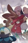  1girl :d bag beanie black_hair boots closed_eyes coat commentary hikari_(pokemon) duffel_bag ege_(597100016) eyelashes gen_4_pokemon grey_eyes hair_ornament hairclip hat hug leafeon long_hair long_sleeves looking_at_viewer lopunny nail_polish open_mouth over-kneehighs pink_nails piplup pokemon pokemon_(creature) pokemon_(game) pokemon_dppt pokemon_platinum red_coat scarf signature smile thigh-highs white_headwear white_legwear white_scarf 