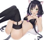  1girl animal_ear_fluff animal_ears ass bangs bare_shoulders black_bra black_hair black_legwear black_panties blush bow bra breasts cat_ears cat_girl cat_tail collarbone commentary_request eyebrows_visible_through_hair fang green_eyes hair_bow inanami karyl_(princess_connect!) knees_up long_hair looking_at_viewer low_twintails lying multicolored_hair on_back open_mouth panties princess_connect! princess_connect!_re:dive purple_bow small_breasts solo streaked_hair tail tearing_up thigh-highs twintails underwear underwear_only white_background white_hair 