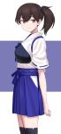  1girl arms_behind_back blue_hakama brown_eyes brown_hair hakama hakama_skirt highres japanese_clothes kaga_(kantai_collection) kantai_collection kumadano long_hair looking_at_viewer muneate remodel_(kantai_collection) side_ponytail smile solo standing tasuki thigh-highs tsurime two-tone_background white_background 