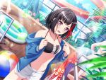 1girl 1other ball bang_dream! bikini black_hair blue_jacket blush day looking_at_viewer mitake_ran official_art open_mouth plant red_eyes short_hair solo sparkle sunlight water water_drop water_slide