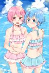  2girls beach bikini bikini_skirt blue_eyes blue_hair dorothy_west frilled_bikini frills highres leona_west multiple_girls pink_eyes pink_hair pretty_(series) pripara short_hair swimsuit tatsuyoshi_(zawahomura) thighs 