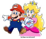  1boy 1girl blonde_hair blue_eyes boots brown_hair crown drawloverlala dress earrings elbow_gloves gem gloves hat holding_arm human_shield jewelry mario super_mario_bros. overalls pink_dress princess_peach red_shirt shirt shoulder_pads simple_background super_mario_bros. upper_body white_background white_gloves 
