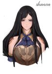  1girl bangs bare_shoulders black_hair blue_eyes blue_ribbon breastplate breasts closed_mouth highres large_breasts laserflip long_hair looking_at_viewer neck_ribbon ribbon shoulder_tattoo simple_background swept_bangs tattoo very_long_hair white_background 