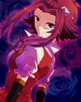  1girl black_gloves blue_background blue_flower blue_rose breasts brown_eyes closed_mouth elbow_gloves floating_hair flower from_side gloves hair_intakes izayoi_aki looking_at_viewer medium_breasts mikami_(mkm0v0) purple_shirt redhead rose shiny shiny_hair shirt short_hair_with_long_locks short_sleeves sidelocks solo yuu-gi-ou yuu-gi-ou_5d&#039;s 