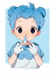  1boy animal_ears bangs bear_ears black_eyes blue_background blue_hair blush child crop_top cubchoo ear_blush english_commentary gen_5_pokemon highres looking_at_viewer male_focus nose_blush personification pokemon runny_nose shirt short_sleeves snot solo t-shirt thebrushking 