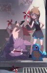  1girl bangs black_footwear blue_shorts brown_hair clefable closed_mouth commentary crying ege_(597100016) gen_1_pokemon gengar green_(pokemon) hand_on_hip hand_up holding long_hair looking_down outdoors pokemon pokemon_(creature) pokemon_(game) pokemon_lgpe poster_(object) shoes shorts sidewalk squirtle standing tears wristband 