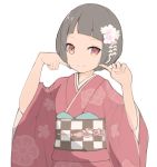  1girl bangs black_hair blunt_bangs brown_eyes character_request copyright_request flower hair_flower hair_ornament hands_up japanese_clothes kaede_do kimono obi pointing pointing_at_self red_kimono sash short_hair simple_background solo standing upper_body white_background wide_sleeves 