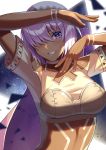  1girl altera_(fate) altera_(fate)_(cosplay) bangs beppu_mitsunaka blush body_markings breasts cosplay crop_top dark_skin fate/extella fate/extra fate/grand_order fate_(series) grin hair_over_one_eye highres large_breasts light_purple_hair looking_at_viewer mash_kyrielight shirt short_hair short_sleeves smile tan veil violet_eyes white_shirt 