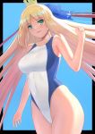  1girl artoria_pendragon_(all) artoria_pendragon_(caster) bare_shoulders black_border blonde_hair blue_background blue_ribbon blue_swimsuit blush border breasts collarbone commentary_request competition_swimsuit crown dutch_angle facial_mark fate/grand_order fate_(series) forehead_mark green_eyes hair_ribbon highleg highleg_swimsuit higofushi large_breasts long_hair looking_at_viewer one-piece_swimsuit ribbon solo swimsuit two-tone_swimsuit very_long_hair white_swimsuit 